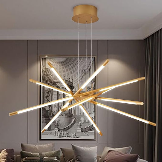 Gold 12-Light Modern Led Chandelier Flush Mount DIY Linear Art Deco Chandeliers Fixture for Dining Room，Staircase Bedroom，Bathroom，Living Room，Foyer and Kitchen Island Easy to Install Lamp