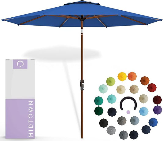 Midtown Umbrellas Sunbrella Umbrella Outdoor Patio Umbrella 2-9 Feet in Dark Blue Acrylic Fabric, Auto-Tilt Aluminum Frame For Backyard Umbrella, Deck Umbrella & Porch Umbrella - Wooden Pole