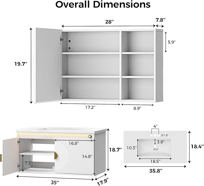 IRONCK Floating Bathroom Vanity with Sink, Mirror Medicine Cabinet, LED Strip Light, 36 Inches Modern Wall Mounted Sink Cabinets & Mirror Cabinets Set with Large Storage Space, White