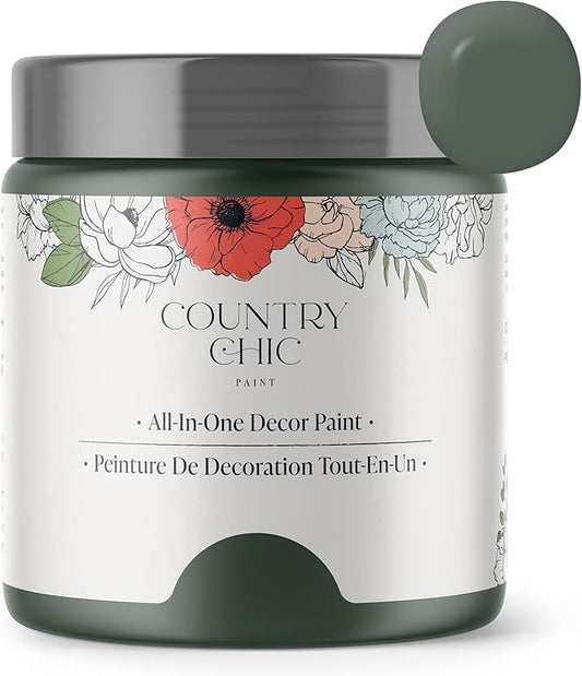 Country Chic All-in-One Chalk Paint for Furniture, Cabinets, Home Decor, Eco-Friendly, Matte Finish, Built-In Primer & Top Coat for Wood, Metal - Hollow Hill (Dark Green) - Pint 16 oz (475 ml)