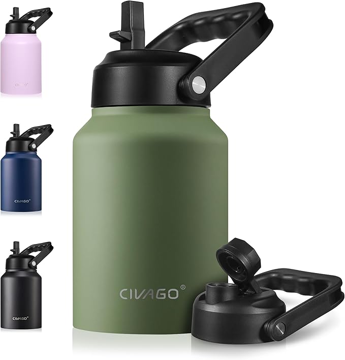 CIVAGO Half Gallon Insulated Water Bottle Jug with Straw, 64 oz Large Stainless Steel Sports Metal Water Flask with Handle, Big Thermal Water Cup Mug with 2 Lids for Camping & Fishing, Army Green