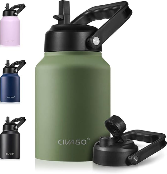 CIVAGO Half Gallon Insulated Water Bottle Jug with Straw, 64 oz Large Stainless Steel Sports Metal Water Flask with Handle, Big Thermal Water Cup Mug with 2 Lids for Camping & Fishing, Army Green
