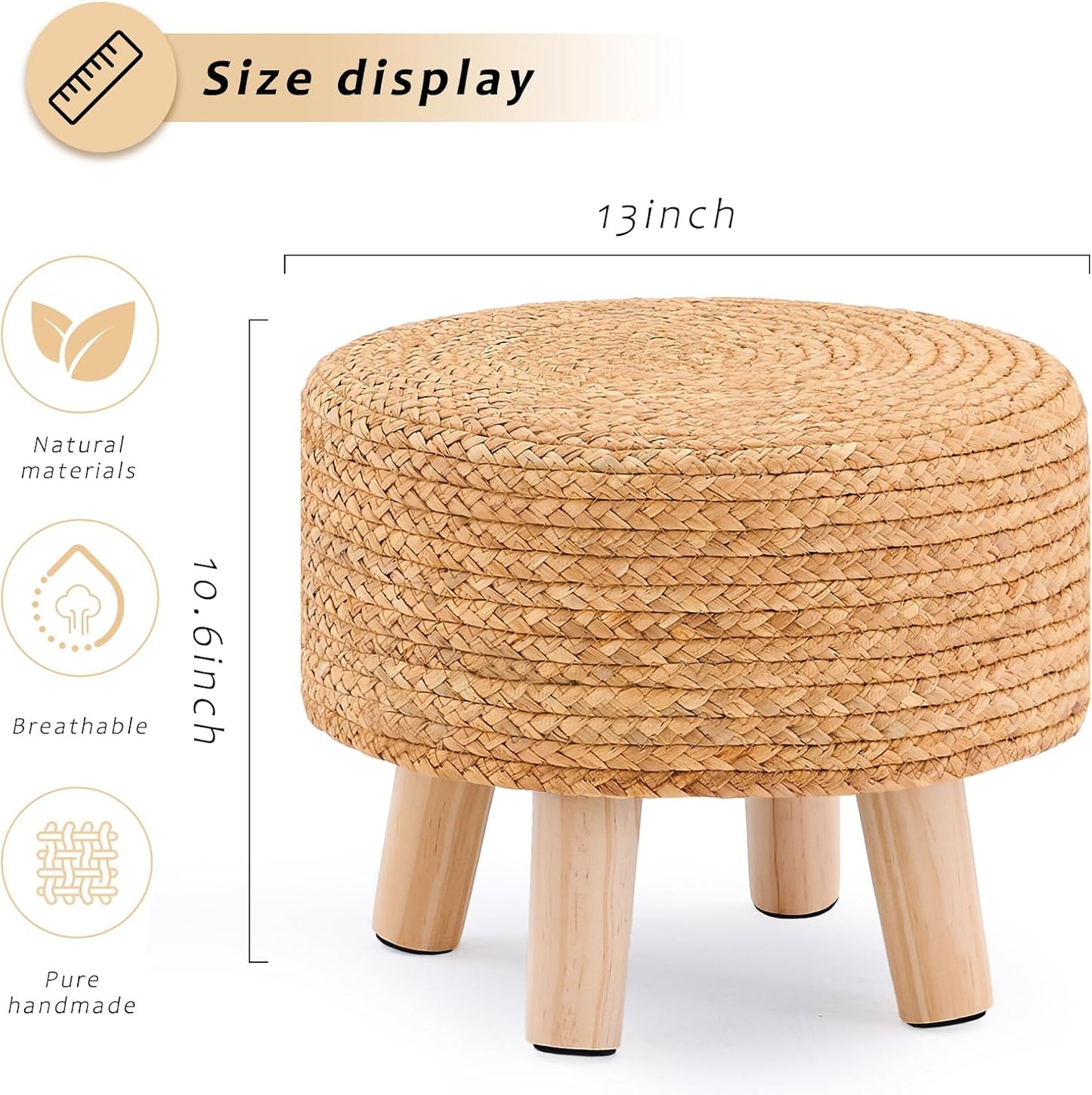 Handwoven Round Ottoman, Natural Water Hyacinth Outdoor Patio Pouf Seagrass Low Stool with Wood Legs, Soft Padded Footrest for Living Room Bedroom Garden, Natural