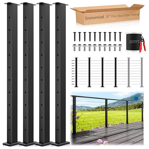 4 Pack Economical One-Stop Cable Railing Post Kits 36", Stainless Steel T304 Deck Railing System with Swageless Tensioner, Upgraded Black Powder Coated Level Drilled Post Kits with DIY Length