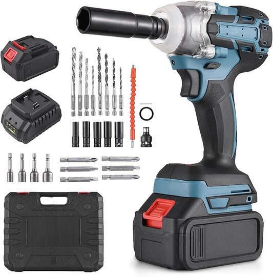 21V Cordless Impact Wrench, 406 Ft-lbs (550Nm) Brushless 1/2 inch, 3200 rpm High Torque Impact Gun, 2 x 3000mAh Battery, 5Pcs Driver Sockets, 14 Bits, Charger, Storage Box for Car Home