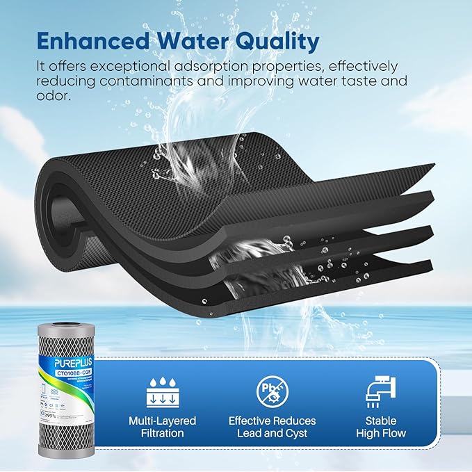 PUREPLUS 5 Micron 10" x 4.5" Whole House Lead Removal Water Filter, Enhanced Coconut Shell Activated Carbon Water Filter, Replacement Cartridge, CTO10BB-CQB, 3 PACK