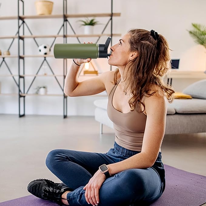 Stainless Steel Water bottle with Straw & Wide Mouth Lid, Wide Rotating Handle, 18oz Double Wall Vacuum Insulated Water Bottle Leak Proof, BPA Free, Keep Cold and Hot, 18oz, Army Green