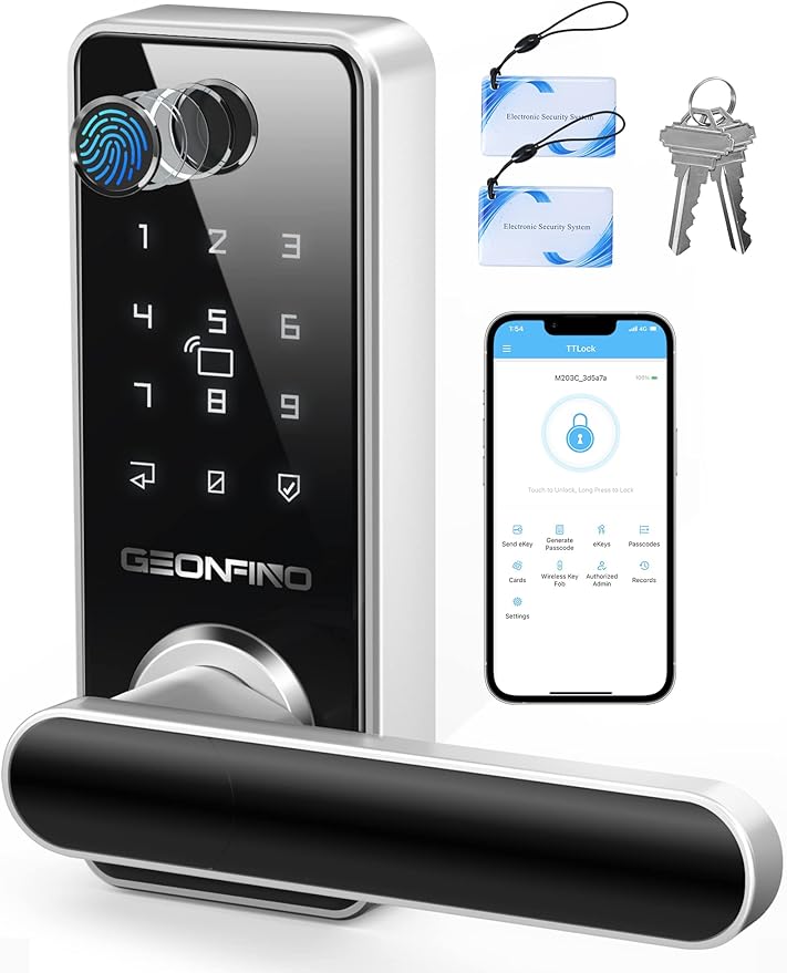 GEONFINO Smart Door Lock, Sliver Keyless Entry Lock with Handle, Front Door Lock with Keypad, Fingerprint Safe Lock with Bluetooth, App Electronic Door Locks for Front Door, Home