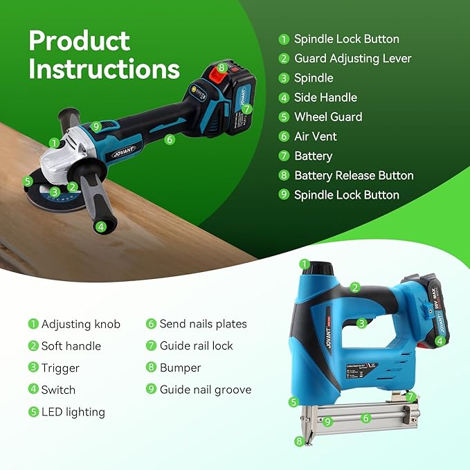18GA Brushless Brad Nailer & Stapler Combo Kit with 20V MAX Battery, Includes 5/8" Brushless Angle Grinder, Cordless Nail Gun for Woodworking and Grinding Tools