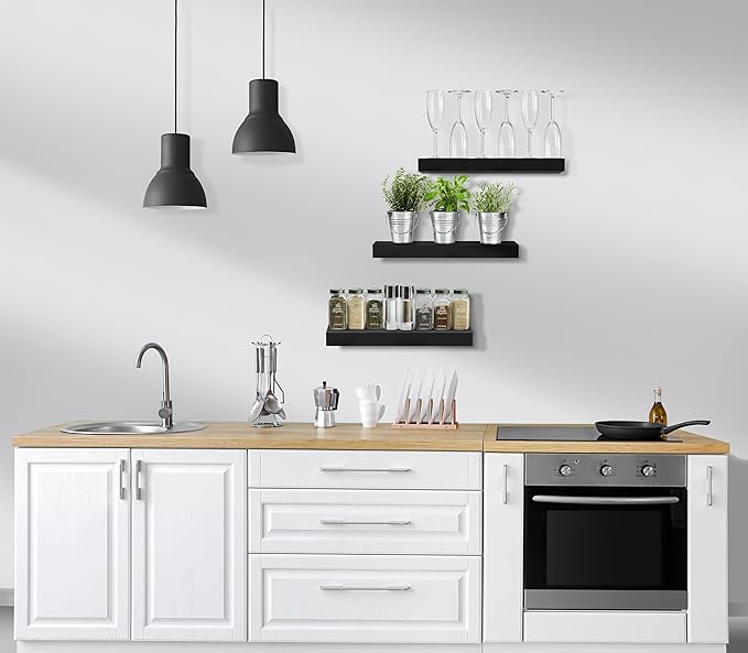 Sorbus Floating Shelves for Wall, Bathroom Shelves Wall Mounted for Kitchen, Bedroom, Bathroom Storage Over Toilet, Hanging Book Shelf for Wall Home Decor Living Room (Black, 3 Pack)