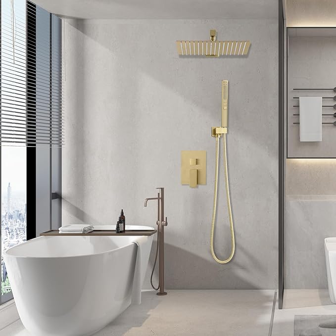 RUMOSE Brushed Gold Rainfall Shower System 12 Inch High Pressure Square Shower Head with 2 in 1 Handheld Spray Wall Mount Brass Bathroom Shower Faucet Set with cUPC Certified Rough-in Valve