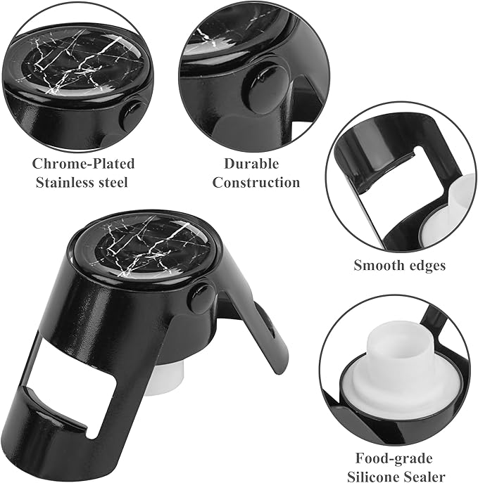 LIZIMANDU Champagne Stopper, Stainless Steel Bottle Plug Sealer for Sparkling Wine, Superior Leak,keeps Wine, Champagne, Prosecco, Cava, and Sparkling Wine fresh longer(1-Black Marble)
