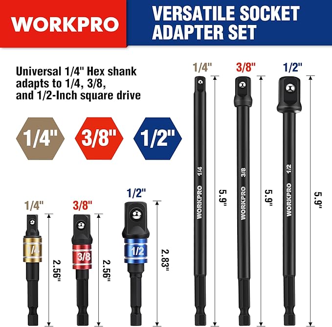 WORKPRO Impact Grade Socket Adapter Set (Basic/Swivel/Long), 1/4", 3/8", & 1/2" Drive, Extension Driver Bit With Case, for Power Drill to High Torque Impact Wrench, 9PCS