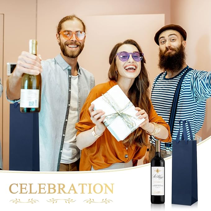Fumete 50 Pack Wine Bottle Gift Bags Paper Wine Gift Bags Bulk 13.8x3.7x3.5 Wine Bags with Handles Appreciation Gifting Bags for Christmas Wedding Anniversary Birthday Party(Black, Navy Blue)