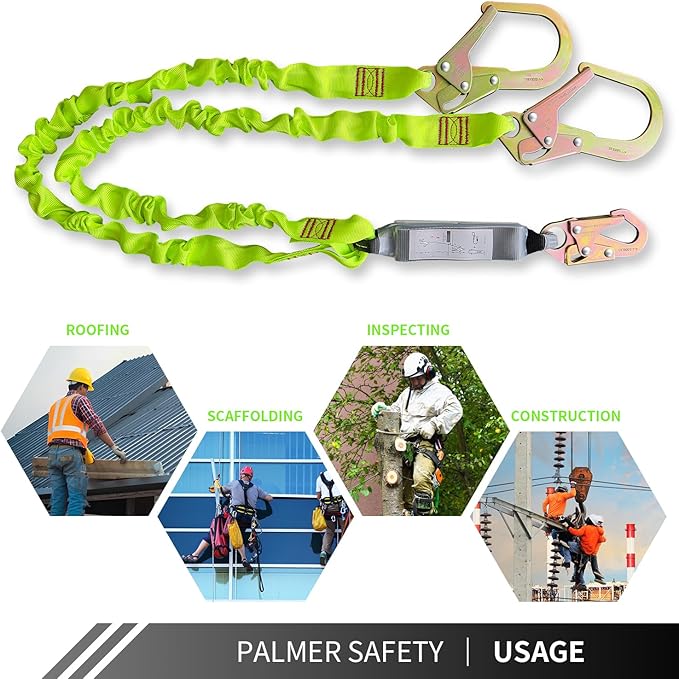 6FT Double Leg Internal Shock Absorbing Safety Fall Protection Lanyard with Dual Rebar & Snap Hook |Heavy-Duty Webbing | Roofer, Construction, Scaffolding | OSHA & ANSI Rated (A-Shock Absorbing)