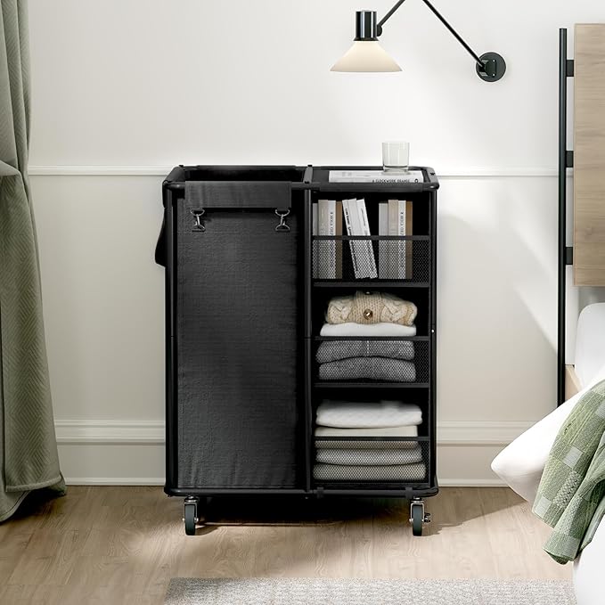 WOWLIVE Laundry Sorter with Wheels 100L Rolling Laundry Hamper with Hanging and Removable Bag Laundry Cart with Steel Frame and Storage Unit Large Basket Organizer for Dorm Room, Bathroom (Black)