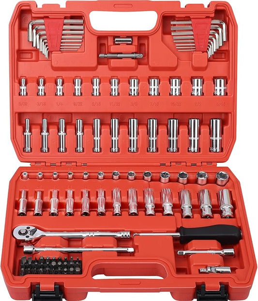 Egofine 1/4”Drive Socket Ratchet Wrench Set,101 PCS Metric(4-14mm),SAE(5/32-9/16”),with 72-Teeth Ratchet Wrench,Bit Socket Set,Extension Bar,Allen wrench for Auto Repair and Household