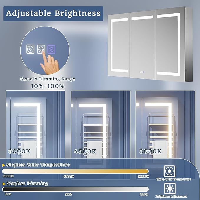 ExBrite LED Lighted Bathroom Medicine Cabinet with Mirror, 48 x 30 Inch, Recessed or Surface Mount, Anti-Fog, Stepless Dimming, Color Temperature Change, Built-in 6000K Sensor Light, Storage Shelves