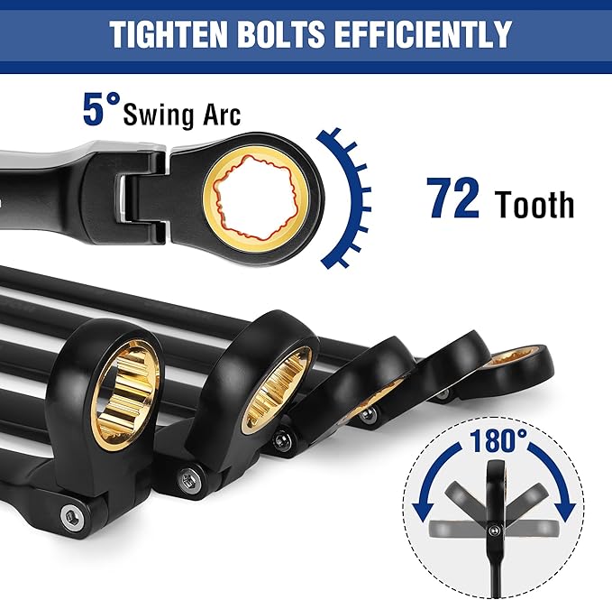 WORKPRO Extra Long Flex-Head Ratcheting Wrench Set, 5-piece Anti-Slip Double Box Wrenches Set, Metric 8-19 mm, 72-Teeth, Cr-V Steel and Black Electrophoretic Coating Wrenches with Rolling Pouch