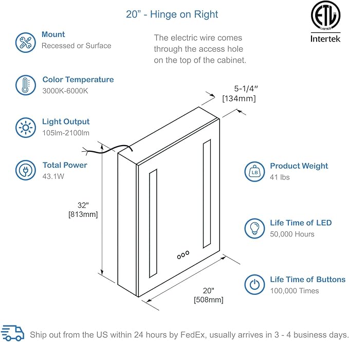 Blossom LED Medicine Cabinet Mirror for Bathroom, 20x32 Inch | Lighted Medicine Cabinet with Mirror | Recessed or Surface Makeup Mirror, Anti-Fog, 3 Color Dimmable | P1(M)-20-Right Hinge