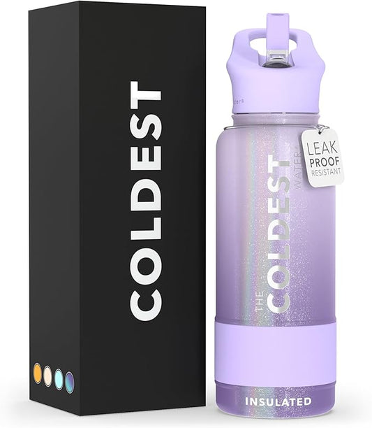 Coldest Sports Water Bottle with Straw Lid Vacuum Insulated Stainless Steel Metal Thermos Leak Proof Flask for Sports Gym (32 oz, Purple Ombré Glitter)