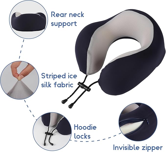 Travel Neck Pillow, Curved Ergonomic Design, Ice Silk Fabric is Comfortable and Breathable, The Pillowcase is Removable. Comes with Portable Storage Bag and Ear Plugs (Blue)