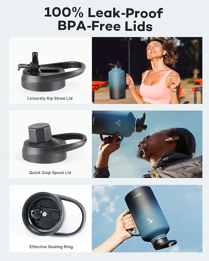 64 oz Insulated Stainless Steel Water Bottle with Handle and Carry Pouch, Half Gallon Mug Tumbler with Straw Lid Spout Lid,Reusable Metal Water Bottle Jug Flask Cup,Keep Cold & Hot,Indigo Black