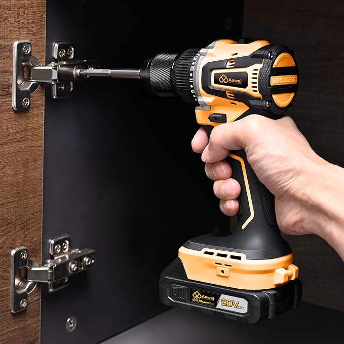 20V Brushless Cordless Lithium-Ion Drill Set, Compact Design, Yellow Rechargeable Lithium-Ion Drill Kit, including 2.0Ah Battery, Charger and 3/8-inch Keyless Chuck
