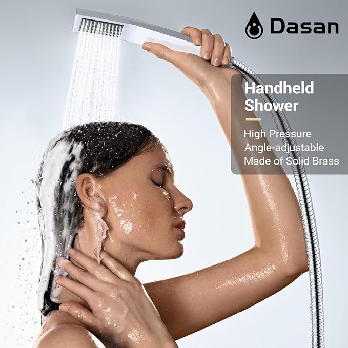 Polished Chrome Shower System with 4 PCS Shower Body Spray Jets & 12’’ Ceiling Shower Head & Handheld Spray, DASAN Full Body Shower Faucet System with Jets Rainfall Shower Combo Set, SA-SS03BCH-S12C