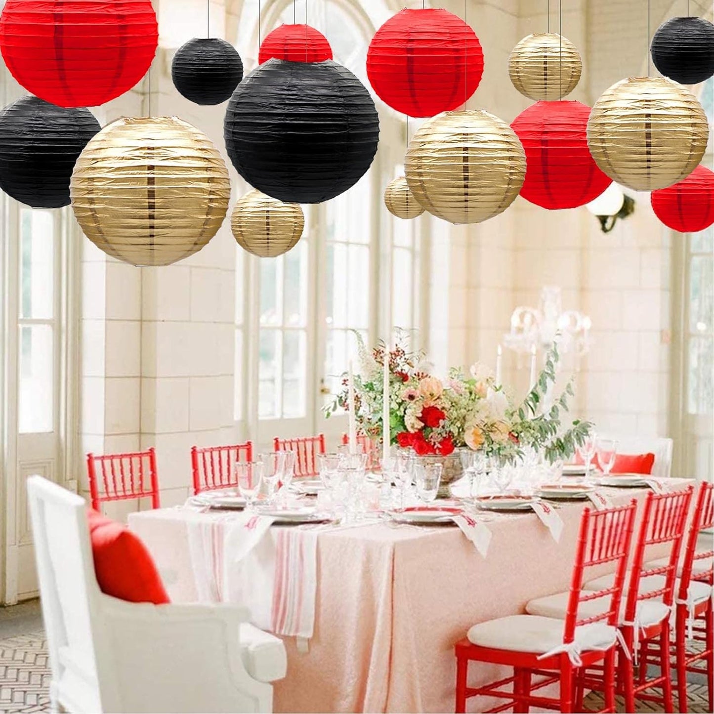 ADLKGG Paper Lanterns Decorations, Red Black Gold Hanging Round Paper Lanterns for Graduation, BBQ Party Supplies, Mickey Mouse Themed Birthday, Pirate Theme Casino Poker Party Decor Set of 21
