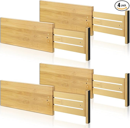 4 Pcs Deep Bamboo Drawer Dividers, Deep Kitchen Dresser Drawer Organizer with Spring Loaded for Clothes, Adjustable Expandable from 15-22 Inch(6 Inch,Wood Color)