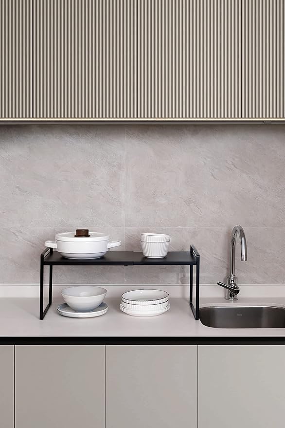 Nxconsu Expandable Cabinet Shelf Organizer Riser for Kitchen Pantry Cupboard Under Sink Countertop Home Storage Organization Rack Space Saver Freestanding Heavy Duty Nonslip Stackable Black Large