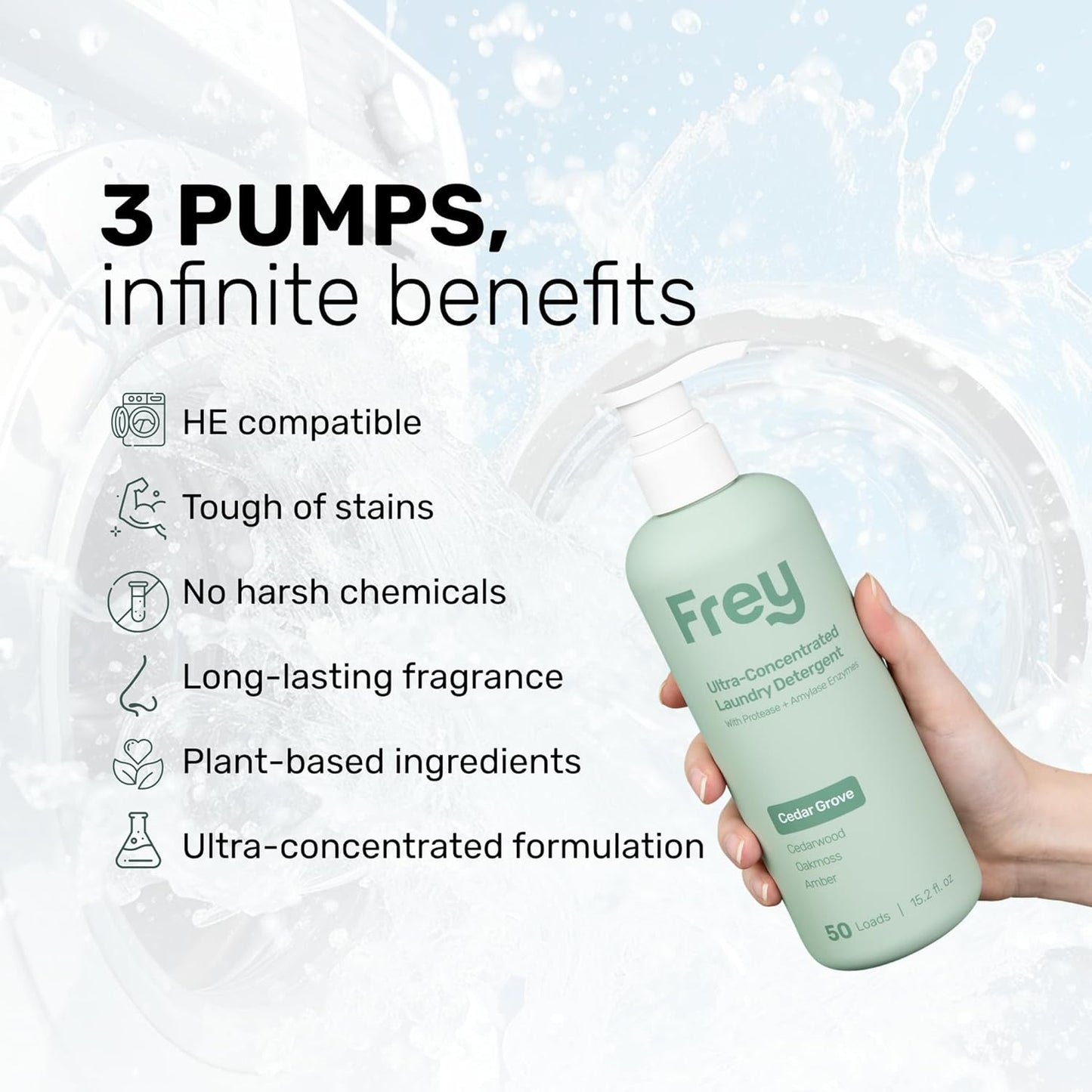 FREY Concentrated Liquid Laundry Detergent | Formulated for Sensitive Skin & HE Washers | Removes Stains Effectively | 50 Loads per Bottle (2-pack Cedar Grove)