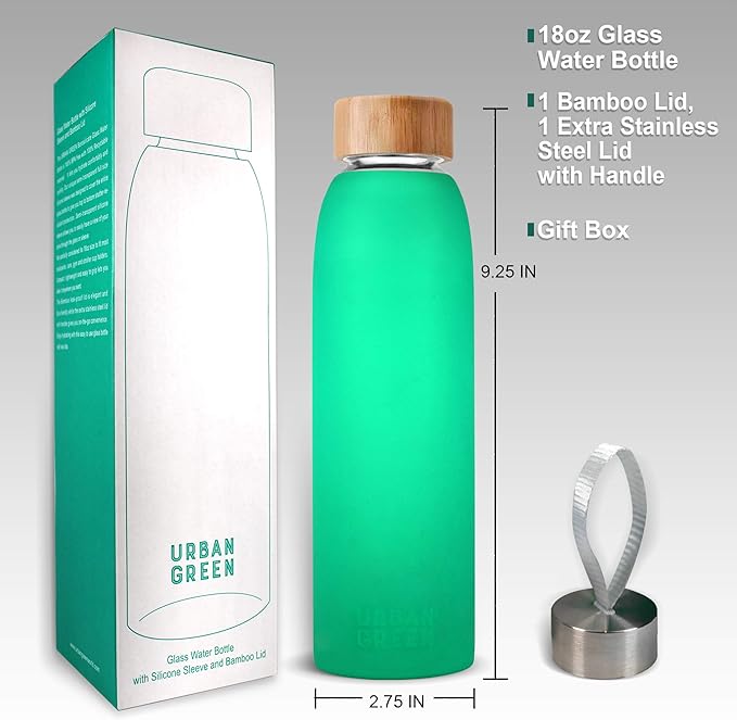 Glass Water Bottle with Protective Silicone Sleeve and Bamboo Lid Urban green, 18oz, 1extra 304 Stainless Steel Lid with Handle, BPA Free, Dishwasher Safe, Best gift