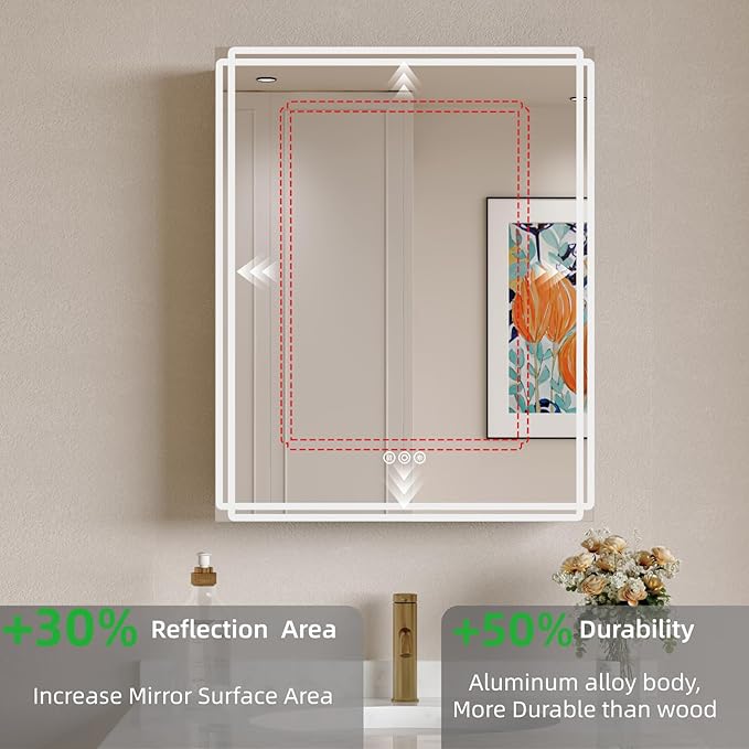 Buruis 20'' x 28'' Medicine Cabinet with Lights and Mirrors, Recessed or Wall Mounted Modern Bathroom Cabinet with 3-Mode Light, Anti-Fog, Dimmable, Memory Function, Outlet, Silver