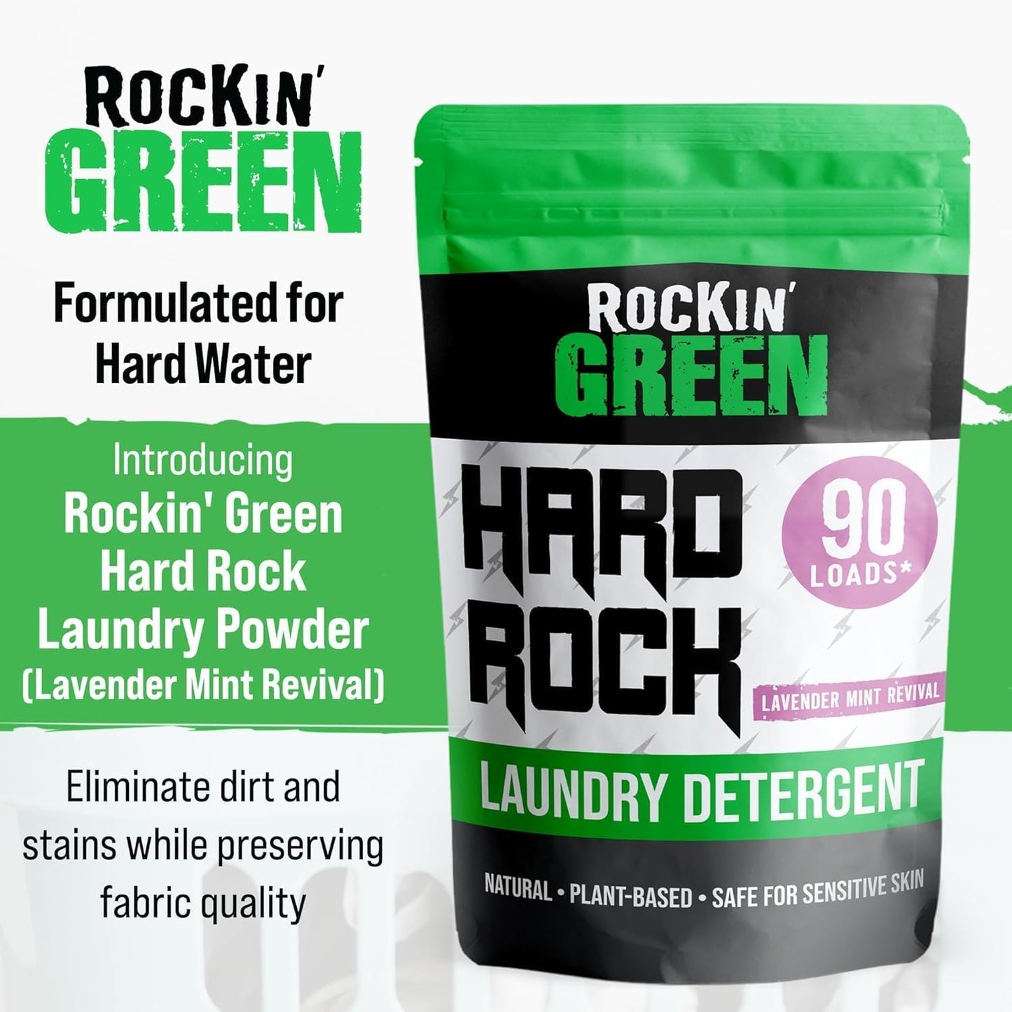 Rockin' Green Hard Rock Laundry Detergent for Hard Water (90 Loads), Plant based, Natural Laundry Detergent Powder, Biodegradable Odor Fighter, Safe for Sensitive Skin, 45 oz (Lavender Mint Revival)