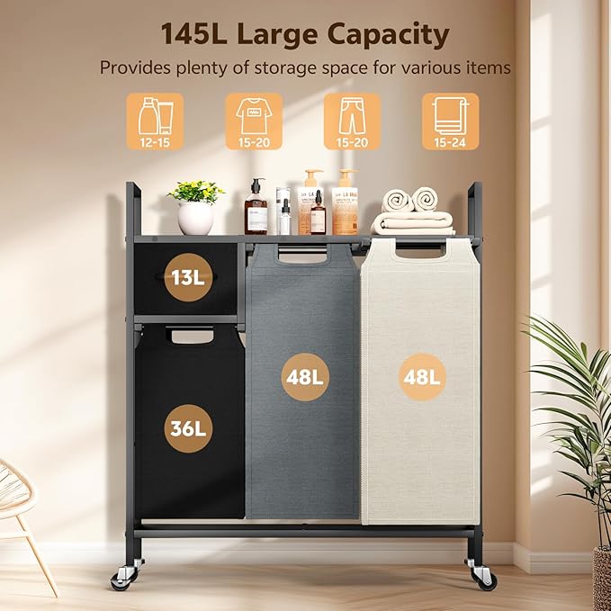 145L Laundry Hamper: Laundry sorter 3 Section - Laundry Room Organization and Storage with 4 Pull-Out Drawers, Removable Oxford Bags, Lockable Wheels & Sturdy Shelf for Home, Bathroom, Bedroom