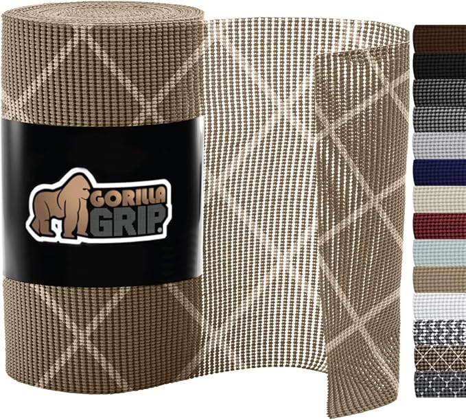 Gorilla Grip powerGRIP Drawer Shelf and Cabinet Liner, Thick Strong Hold, Non-Adhesive Liners Protect Kitchen Cabinets and Cupboard, Bathroom Drawers, Easy Install, Breathable Mat, 17.5" x20', Beige