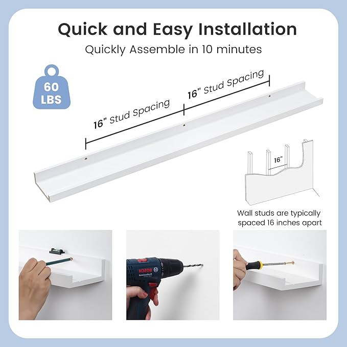 Picture Ledge Shelf for Wall, 48 inch Solid Pine Wood Nursery Book Shelves 2 Packs, Floating Ledge Shelves for Kids' Room Bedroom Bathroom Living Room Photo Frames Office Nursey Wall Decor, White