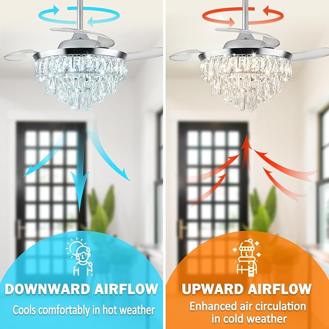 LEONTYNE 36" Modern Crystal Ceiling Fan with Lights and Remote Invisible Retractable LED Dimmable Chandelier Fan 3 Blades 6 Speeds Fandelier for Bedroom Living Room Dining Room (Polished Chrome)
