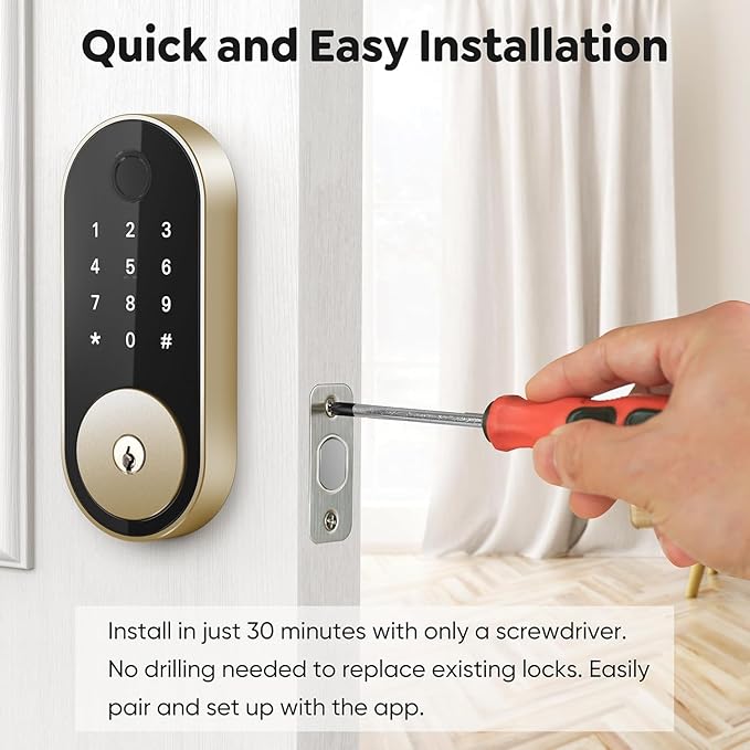 Keyless Entry Fingerprint Deadbolt Smart Lock: Digital Front Door Keypad with App Control, Electronic/Electric Deadbolt with Fingerprint & Code Access, Auto Locking, Easy to Install (Bright Brass)