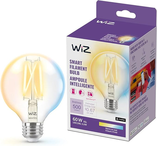 WiZ Connected 60W G25 Tunable White Filament Smart Light Bulbs - E26 LED Bulb - Control with Voice or App + Activate with Motion - Matter Compatible - 1 Pack