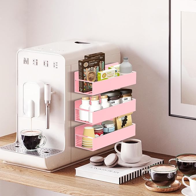 Magnetic Spice Rack Organizer for Fridge Seasoning Organizer for Kitchen Storage With Screw Magnetic Shelf for Oven, RV,Garage,Bathroom (Pink, 4pack)