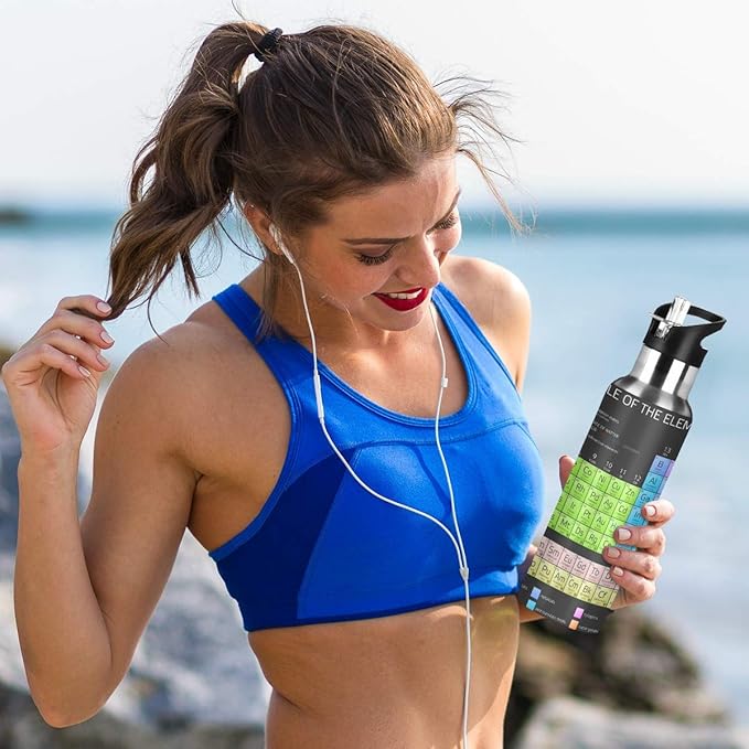 Periodic Table Of The Elements Water Bottle with Straw Lid for Fitness Gym Camping Outdoor Sports, Wide Mouth Vacuum Insulated 18/8 Stainless Steel, 22 oz