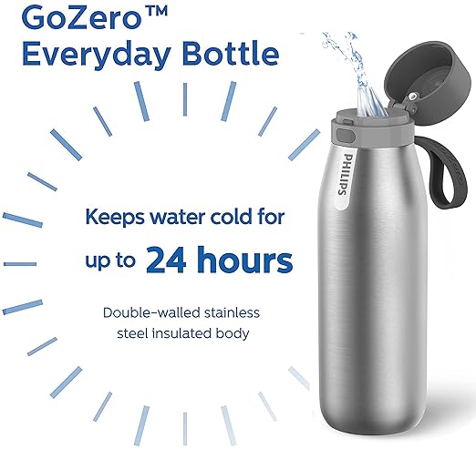 Philips GoZero Everyday Insulated Stainless Steel Water Bottle with Philips Everyday Tap Water Filter BPA Free Transform Tap Water into Healthy Tastier Water Keep Drink Hot/Cold, 32 oz, Stainless