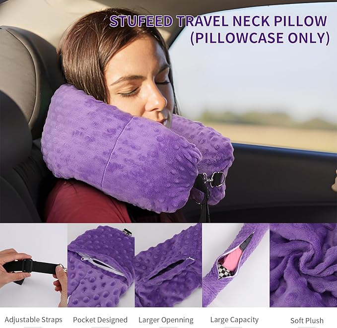 Stuffable Travel Pillow for Extra Luggage, Travel Neck Pillow Stuffable with Clothes, Stuffable Neck Pillow for Travel, Velvet Travel Neck Pillow Storage Bag, Fillable Luggage Pillow (Purple)