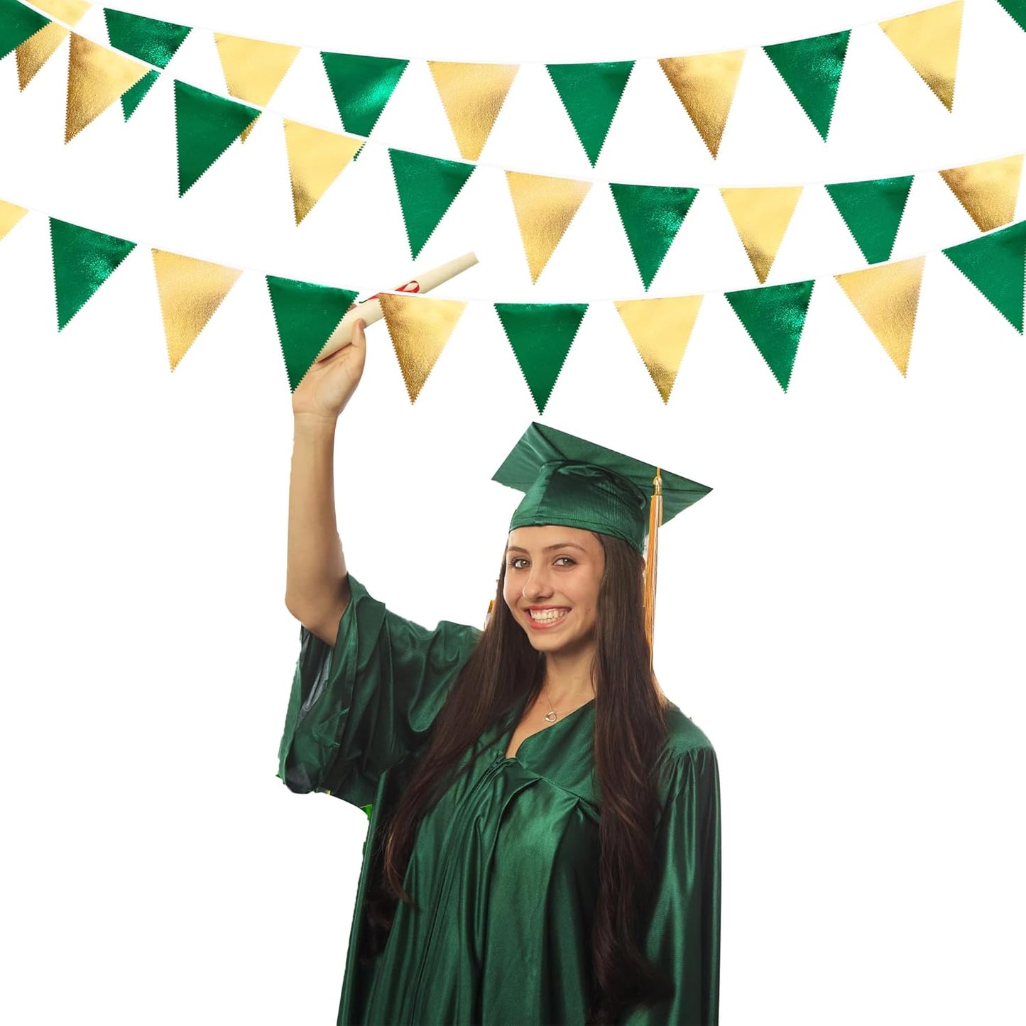 Green Gold Party Decorations Metallic Fabric Triangle Pennant Banner Flag Bunting Garland for Graduations Birthday Retirement Wedding Baby Shower Spring Summer Master Golf Theme Outdoor Party Supplies