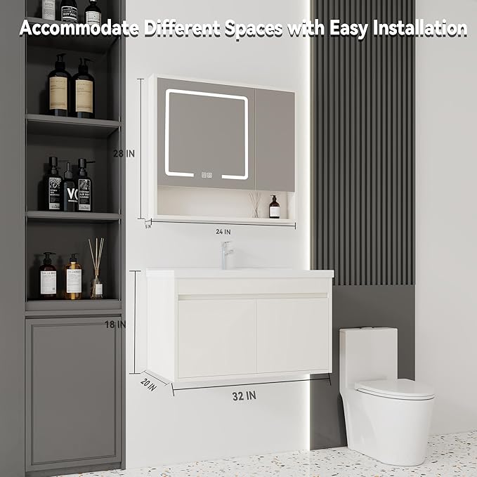 32'' Bathroom Vanity with Ceramic Sink Combo and Medicine Cabinet Mirror with Led Light/Defog, Wall Mounted Small Bathroom Vanity with Soft-Close Door Modern Floating Cabinet, Khaki(No Faucet)