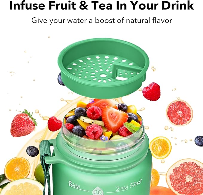 GOSWAG 32oz Motivational Water Bottles with Time Marker and Fruit Strainer, Sports Water Bottle with Times to Drink, Leakproof, Reusable Plastic Bottle with Strap no Straw for Gym, School