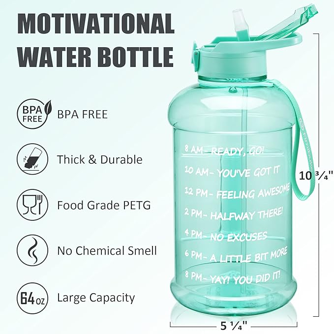 Fimibuke Half Gallon Water Bottle with Sleeve 64 OZ Water Bottle with Handle & Straw Leakproof Motivational Sports Gym Water Bottle with Time Marker BPA Free Water Jug with Reusable Neoprene Holder